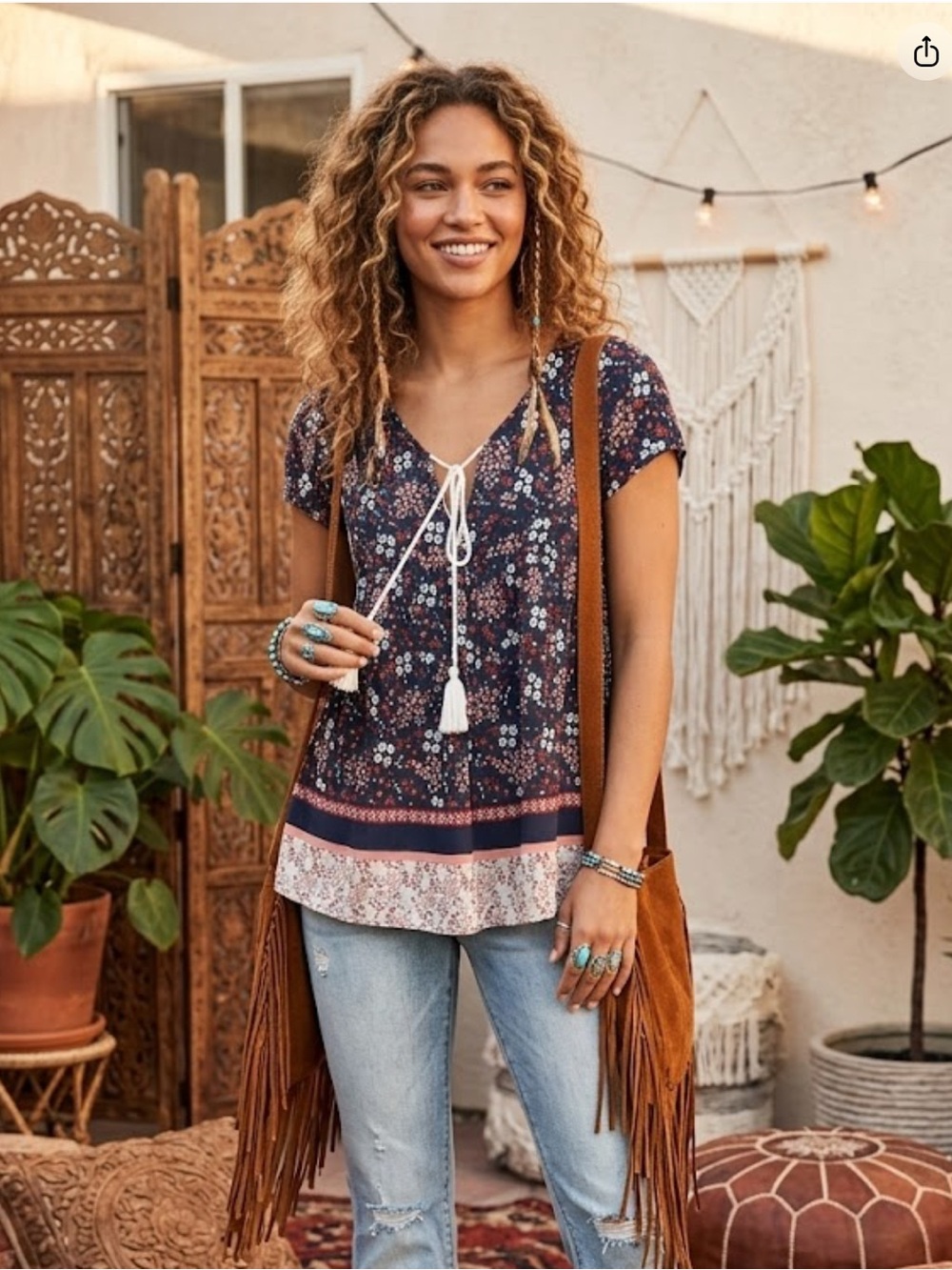 Abercrombie & Fitch Navy Floral Tassel Peasant Tunic Boho Hippie Festival XS